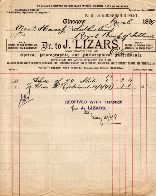 J. Lizars invoice for slide hire, 1899