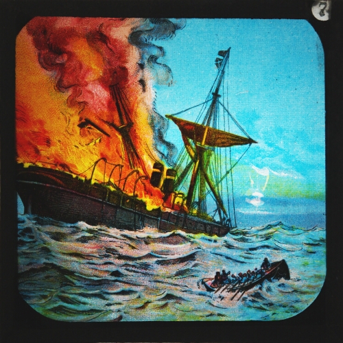 A ship on Fire; Lifeboat to the rescue
