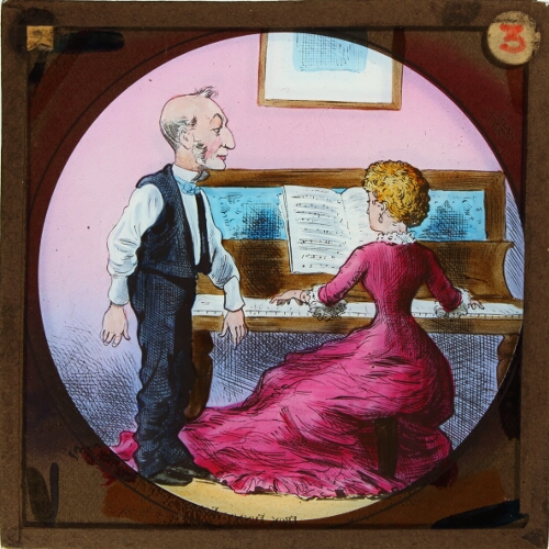 Asks his eldest daughter to alter them, but she cannot leave the piano – secondary view of slide
