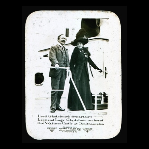 Lord Gladstone's departure -- Lord and Lady Gladstone on board the 'Walmer Castle' at Southampton