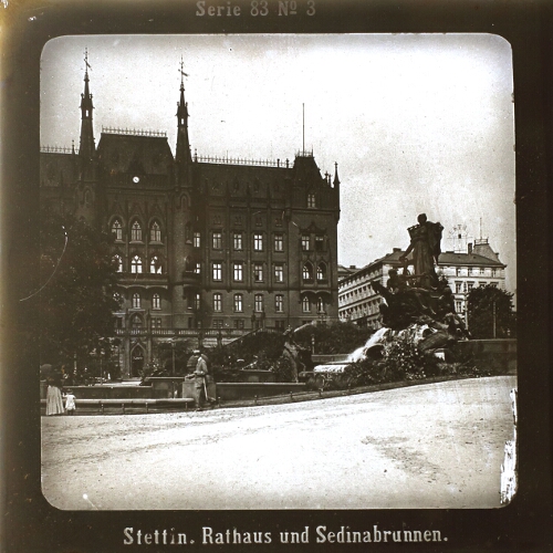 Stettin. Rathaus und Sedinabrunnen.