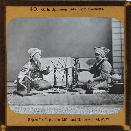 Girls spinning silk from cocoons