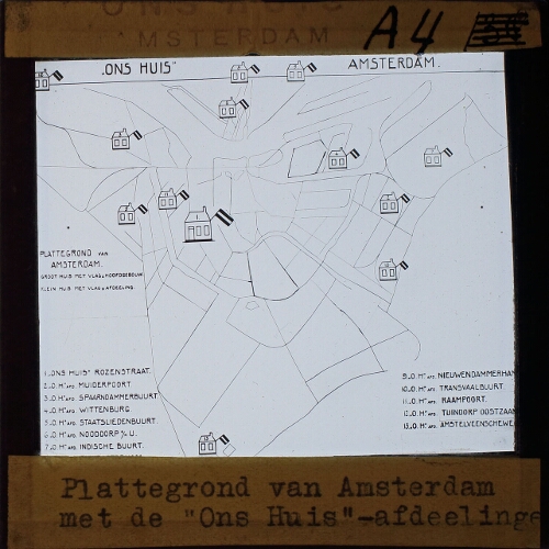 Plattegrond van Amsterdam met de 'Ons Huis'-afdeelingen.