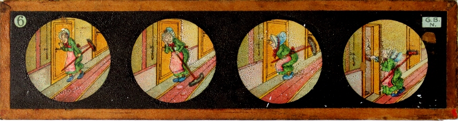 Maid with broom listening at doorway
