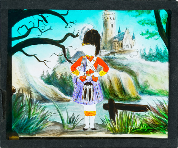 Scotish soldier with trees and castle in background