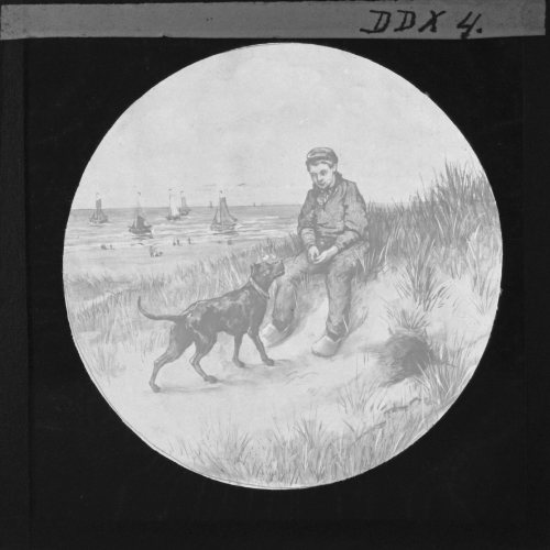 [boy and dog in dunes]