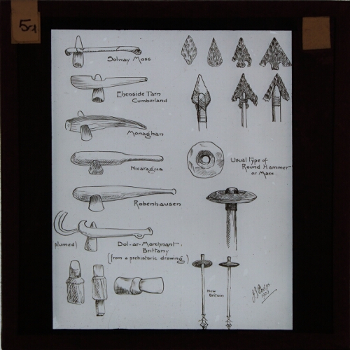 Drawings of axes, arrows and other implements