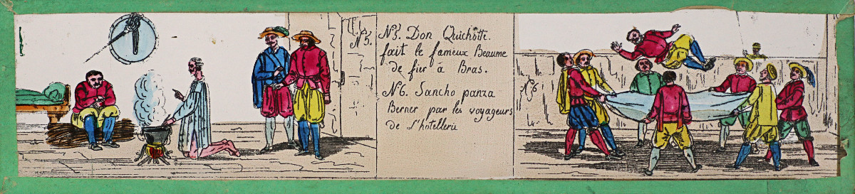 Don Quichotte dait le fameux Beaume de fier à Bras / Sancho Panzer Berner par les voyageurs de l'hotellerie