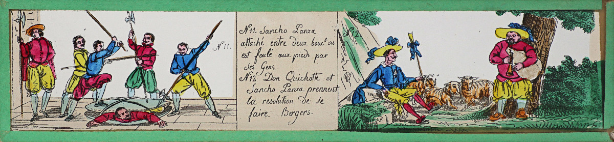 Sancho Panza attaché entre deux bouchers est foulé aux pieds par ses Gens / Don Quichotte et Sancho Panza prennent la resolution de se faire Bergers