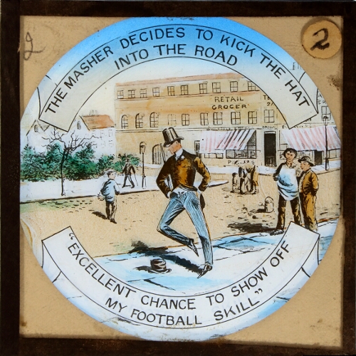 The masher decides to kick the hat into the road. 'Excellent chance to show off my football skill'