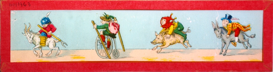 Comical figures riding animals and bicycle