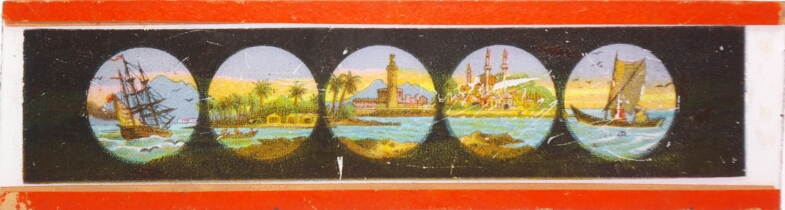 Five views of boats and middle eastern river scenery