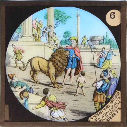 Androcles released and the lion given to him, he marches through the city with him
