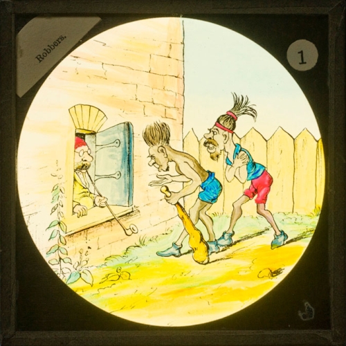 Two robbers asking for charity at an old gentleman's house
