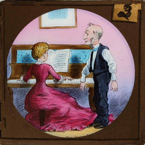 Asks his eldest daughter to alter them, but she cannot leave the piano