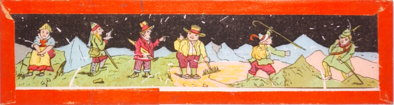 Six characters in Alpine landscape scene