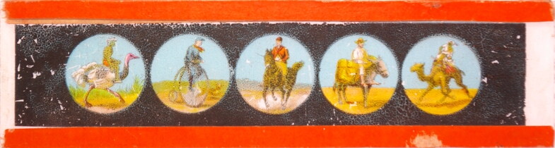 Five men riding animals and bicycle