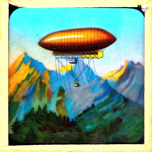 An airship crossing the mountains of Switzerland