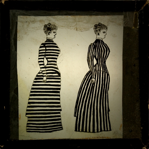 Two female figures illustrating optical effect of horizontal or vertical stripes