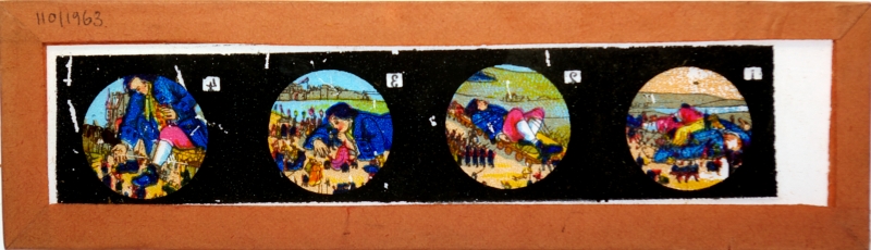 Four images of Gulliver in Lilliput