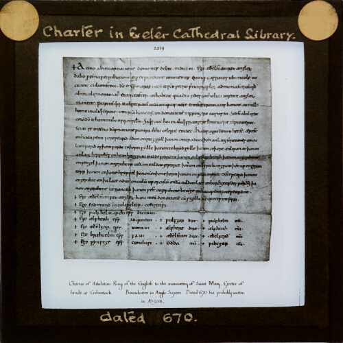 Charter in Exeter Cathedral Library, dated 670