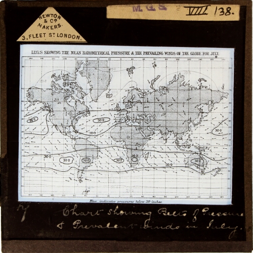 Mercator's Chart, showing Belts of Pressure and Prevalent Winds in July