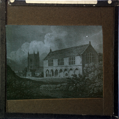 Engraving of unidentified house and church