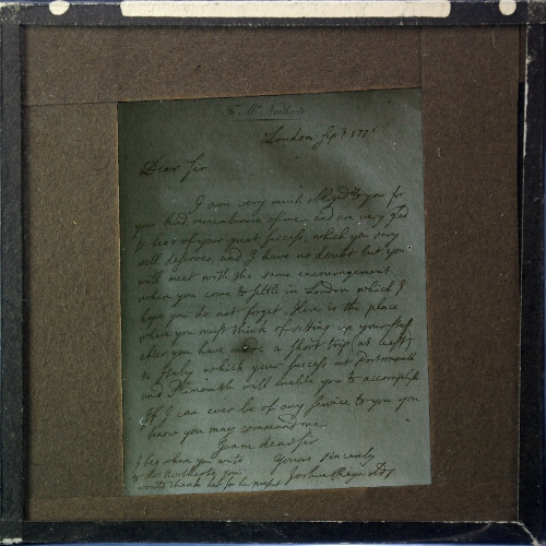 Facsimile of letter from Joshua Reynolds to Mr Northcote, 1776