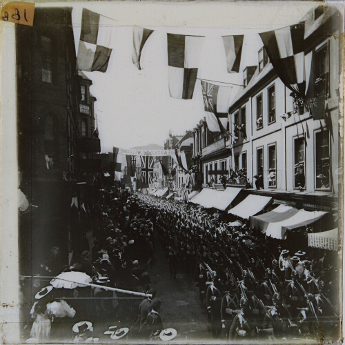 Militia regiment marching through High Street, Ilfracombe