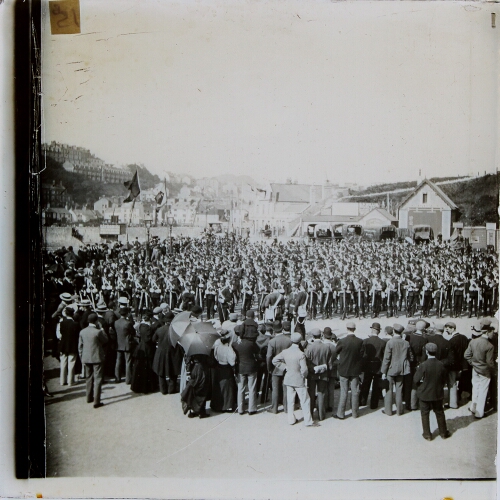 Crowd watching parade of militia regiment, Ilfracombe