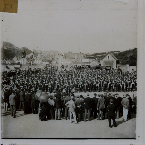 Crowd watching parade of militia regiment, Ilfracombe