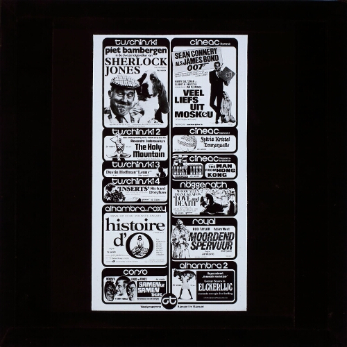Slide announcing filmprogram in Amsterdam Cinemas, circa 1975, example 1