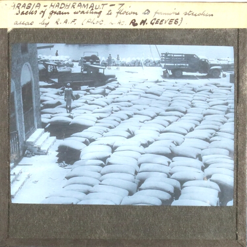 Sacks of grain waiting to flown to famine stricken areas by R.A.F. (Phot. L.A.C.R.H. Geeves).