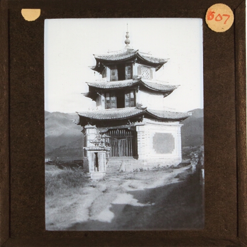 Pagoda in hilly landscape