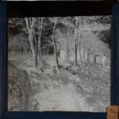 Group of men among trees with trench in foreground
