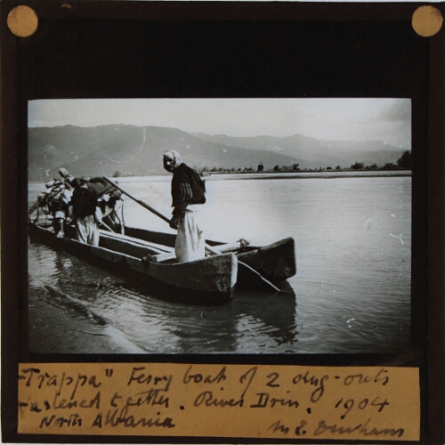'Trappa' Ferry boat of two dug-outs fastened together. River Drin, North Albania, 1904