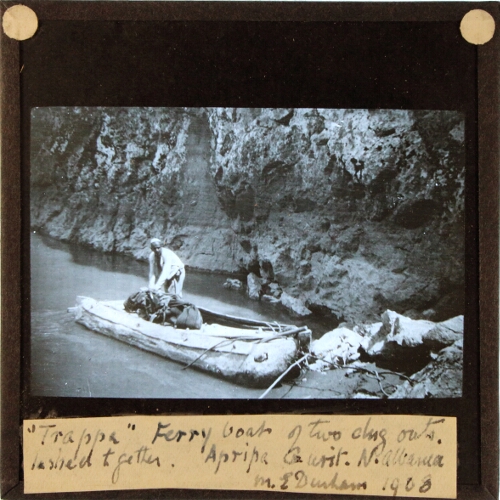 'Trappa' Ferry boat of two dug-outs lashed together. Apripa Gurit, North Albania, 1908