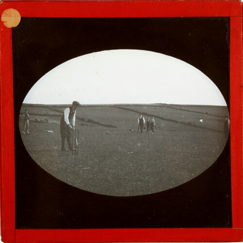 Group of men playing cricket in field