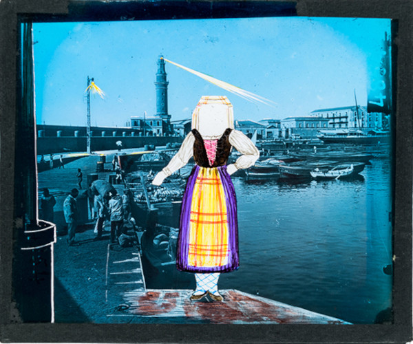Female figure in folk costume with lighthouse and harbour in background