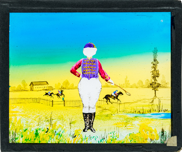 Female figure in jockey costume with horse race in background