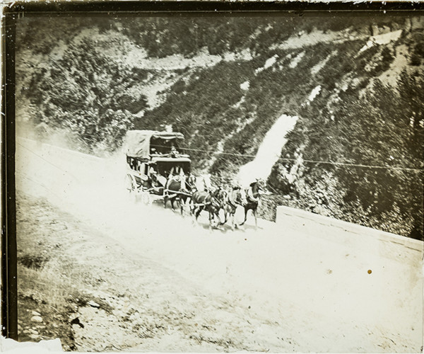 Horse-drawn coach on road in rural landscape