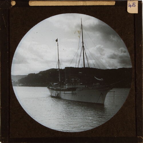 Steam yacht anchored in river or estuary