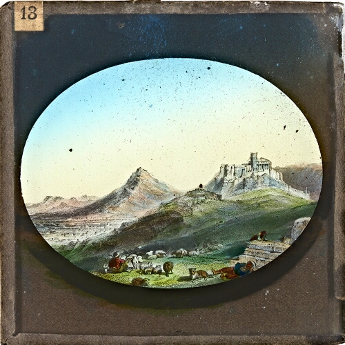 Mountainous landscape with shepherds and hilltop temple or city
