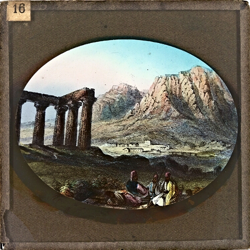 Mountainous landscape with people resting by temple ruins