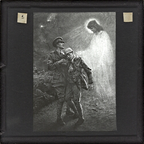 Christ watching overs soldier helping wounded comrade