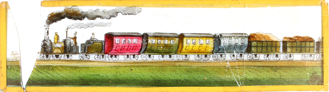 Early steam locomotive hauling railway train