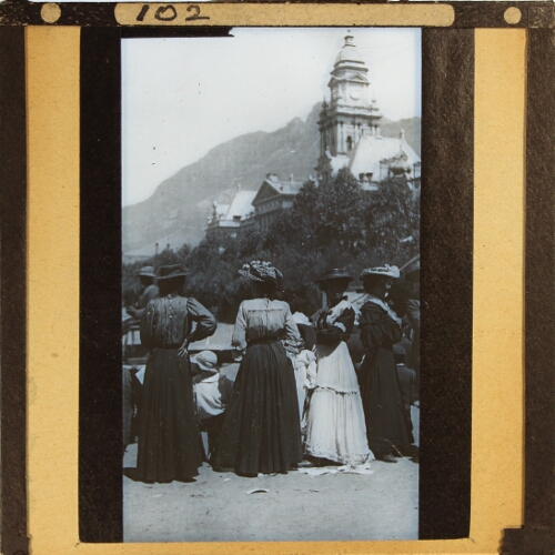 Women and children with City Hall in background, Cape Town