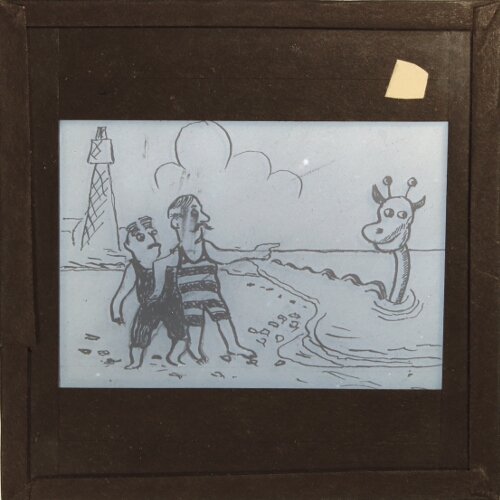 Cartoon of men on beach pointing at sea monster