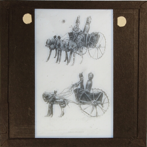 Two views of model of horses and chariot