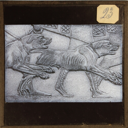 Engraving of bas-relief of dogs running on leash